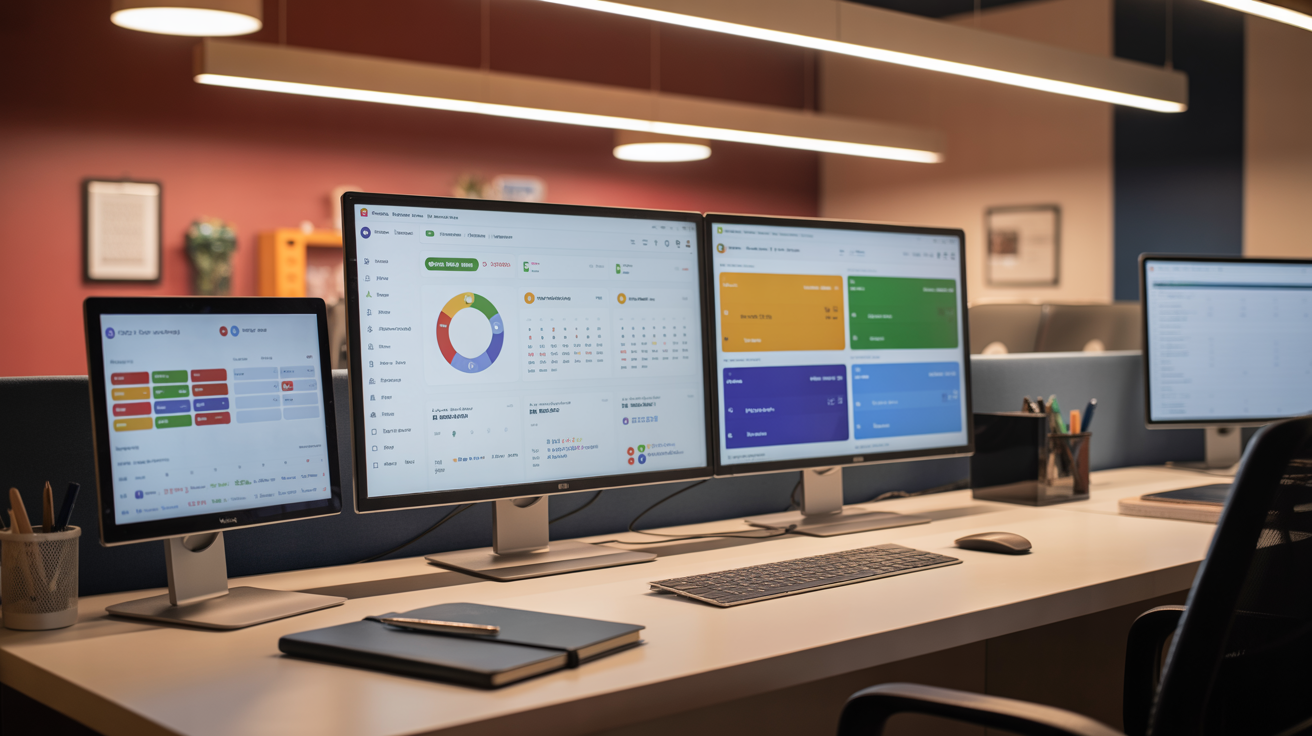 Modern church admin workspace with dashboards