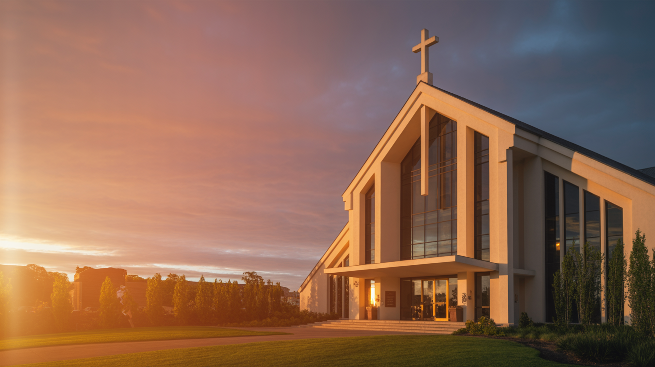 Modern church building at golden hour