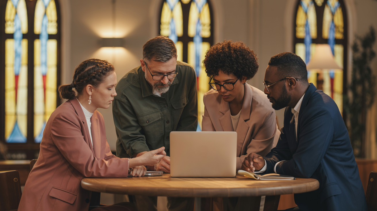 Church team reviewing social media content together
