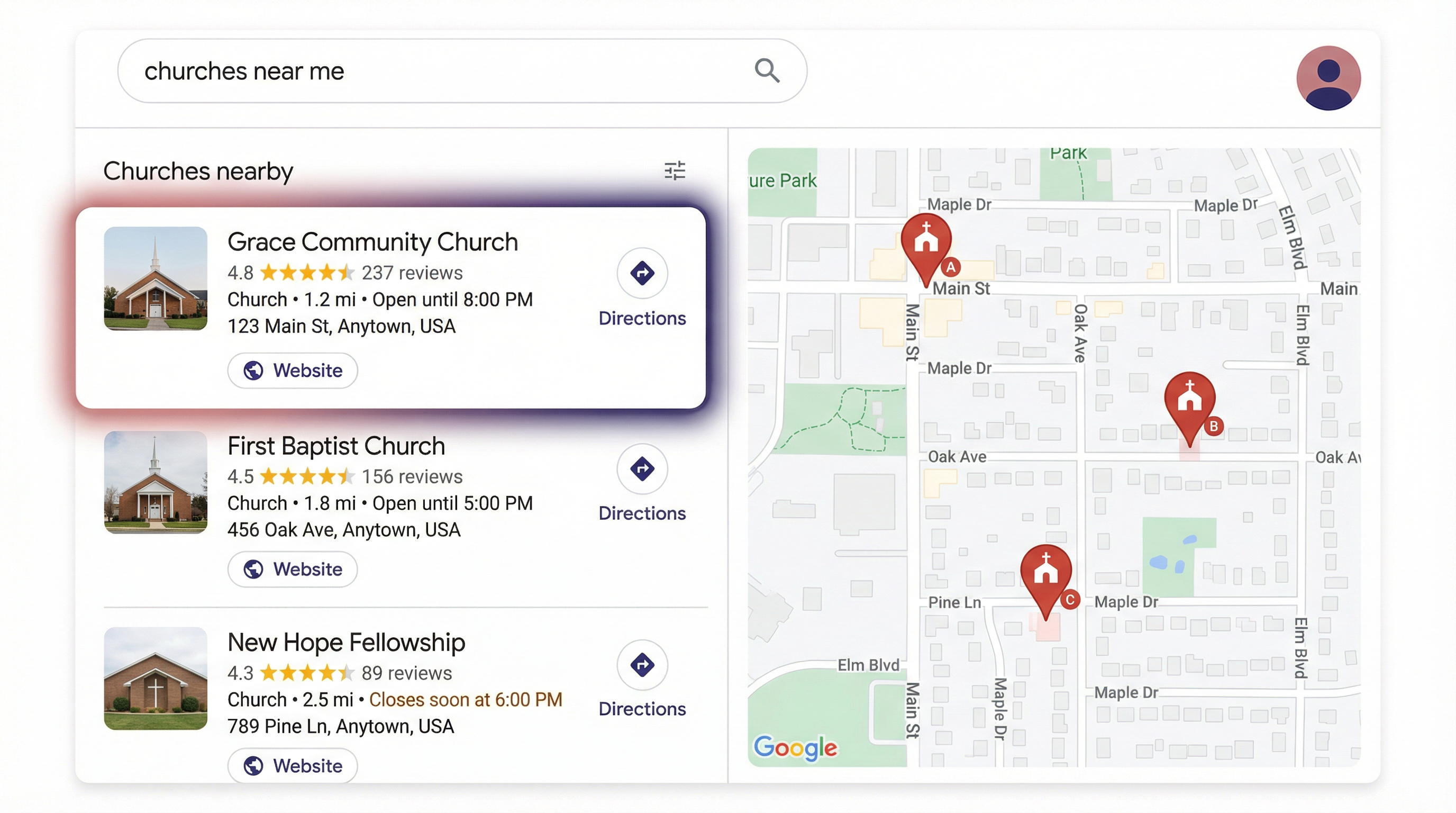 Google Maps 3-pack showing local church search results with star ratings and locations