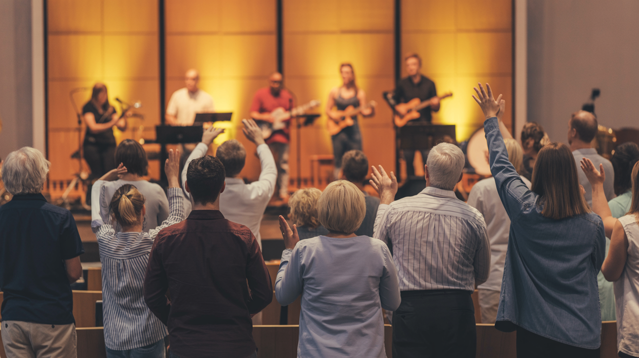 Church worship service with warm lighting, ready for sermon clip creation