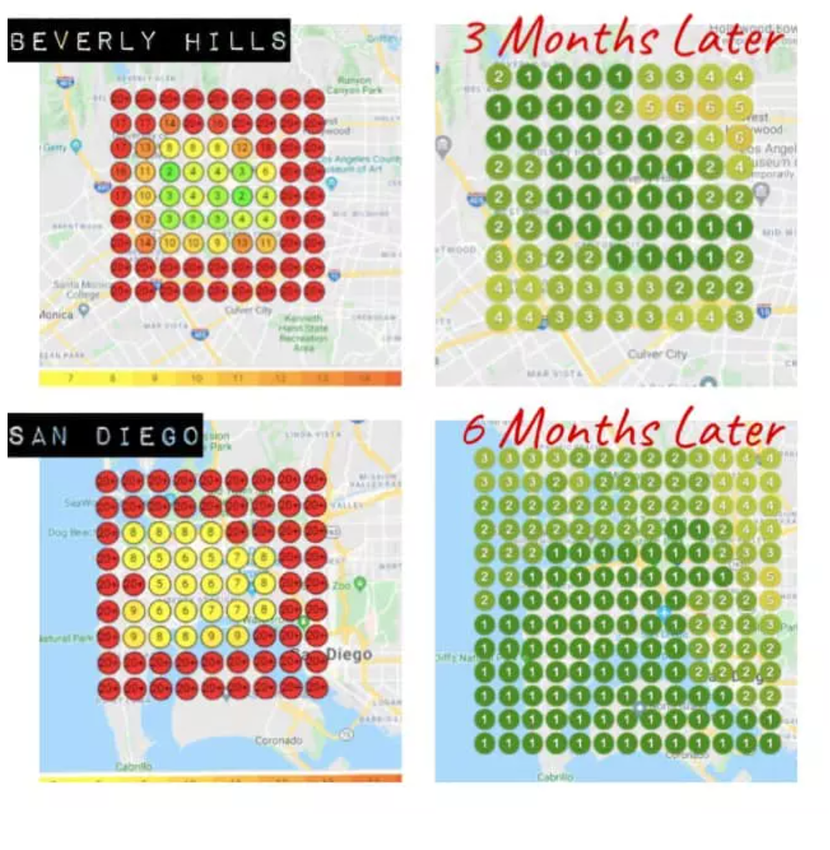 Before and after geo-grid results showing Beverly Hills and San Diego churches going from red to green rankings over 3 to 6 months