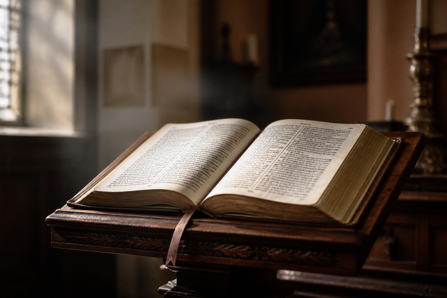 Open Bible on a wooden lectern in soft window light
