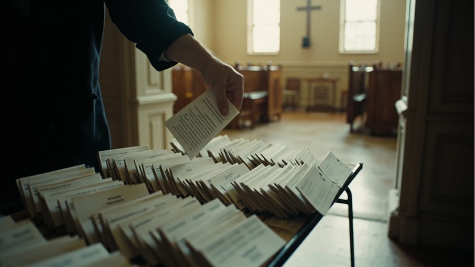 A hand lifting one folded program from a full rack of printed sheets at the back of a church