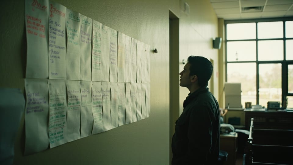 A man looking along a church office wall covered in handwritten planning sheets