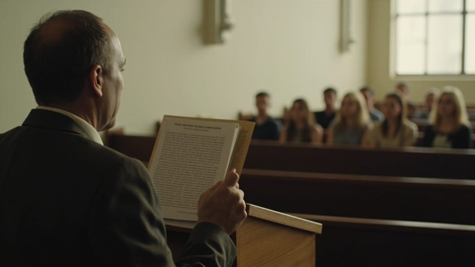 A man reading from an open booklet at a lectern to people seated in pews