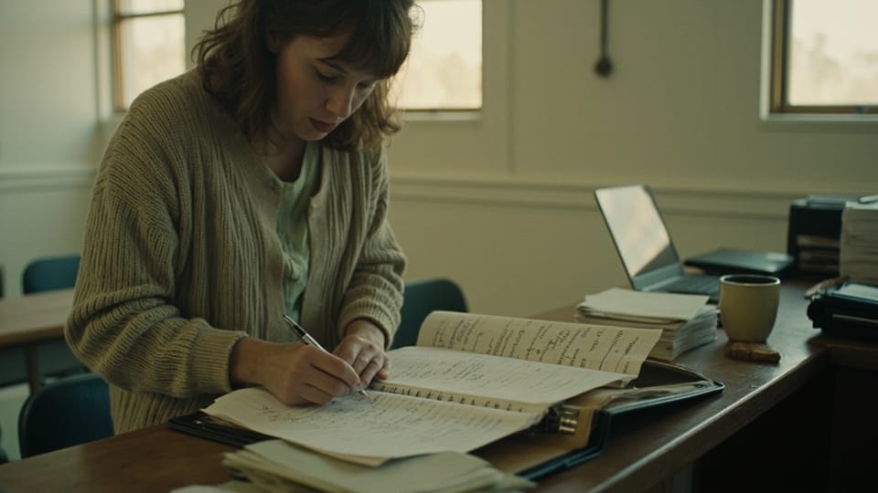 A woman in a thick cardigan bent over a wooden desk writing with a pen in a wide open ring binder of handwritten ruled lines, a stack of loose papers, a mug and a laptop turned away from her further down the desk, stacking chairs and two windows behind her
