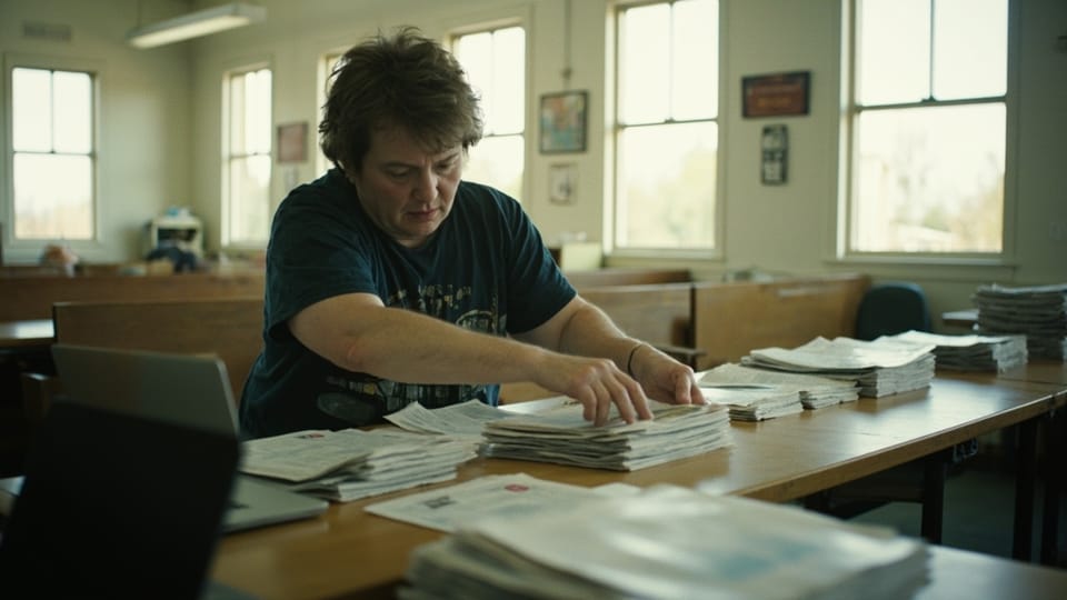 A volunteer squaring stacks of folded newsletters on a long table in a church hall