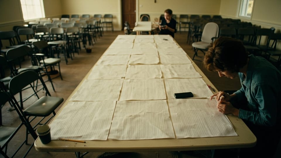 A woman leaning over the end of a long folding table covered edge to edge with ruled paper sheets, a phone face down beside her, in a church hall of scattered folding chairs
