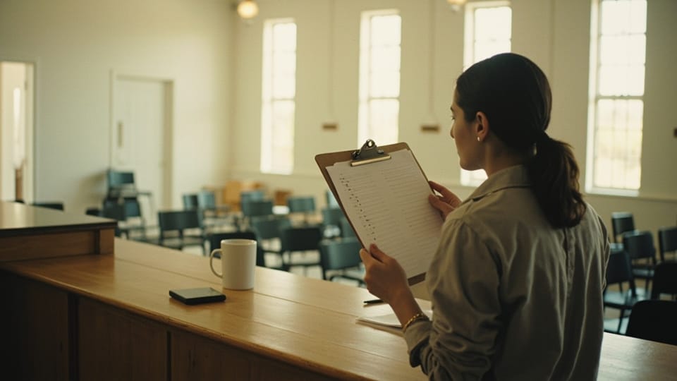 A woman at a wooden counter in a church hall holding up a clipboard of ruled list rows, a mug and a face down phone on the counter and rows of folding chairs behind her