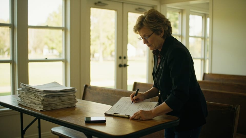 A woman in glasses standing at a folding table writing on a clipboard, a thick stack of loose papers beside her and a phone lying face down on the table, tall windows onto a lawn behind her