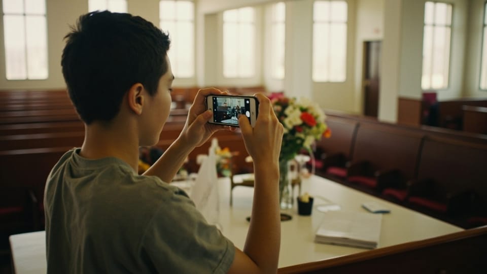 A young volunteer photographing a table of flowers with a phone, church pews behind him