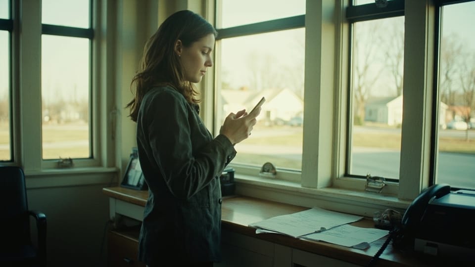 A woman at a church office window holding a mobile phone in both hands, papers on the counter behind her