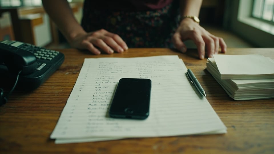 A cell phone lying face down on a handwritten list of names and numbers on a church office desk, with a pen, a stack of blank paper, and the edge of a keypad telephone