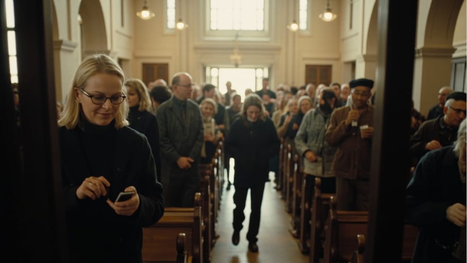 A woman looking at a phone at the end of a pew while the congregation stands behind her