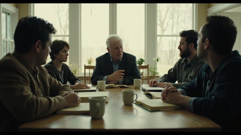 Five adults around a table with open books and coffee mugs, one of them speaking