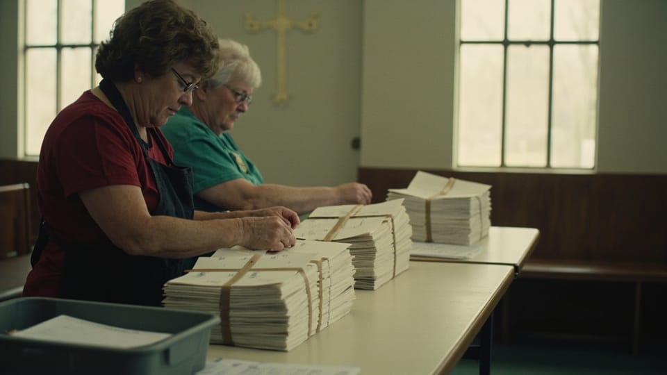 Two women at a folding table in a church hall pressing rubber bands around thick stacks of cards, a gray tote and a paper form beside them