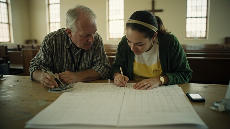An older man and a young woman filling in a hand ruled paper grid on a table in a church
