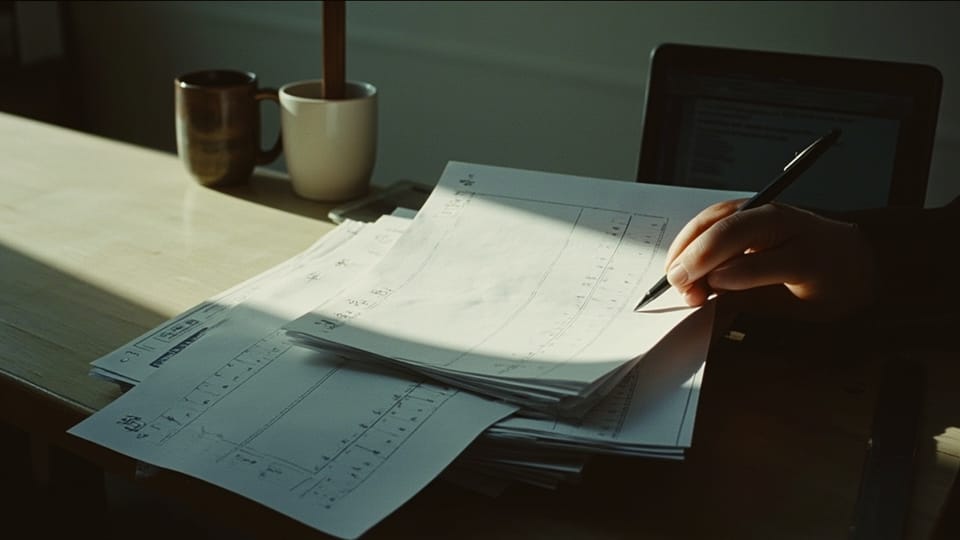 A hand holding a pen over a stack of printed sheets ruled into columns on a desk, two mugs and an open laptop behind them in slanted daylight
