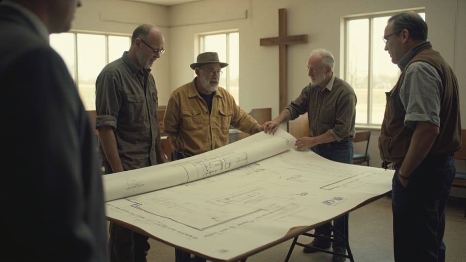 Five men standing around a large building plan unrolled on a folding table in a church room