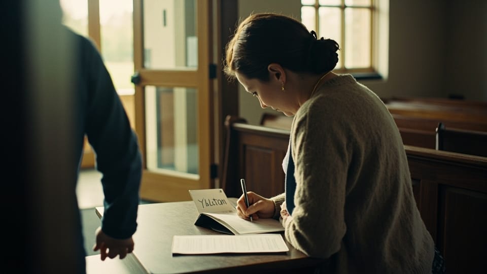 A volunteer writing in an open visitor book on a table beside a church door
