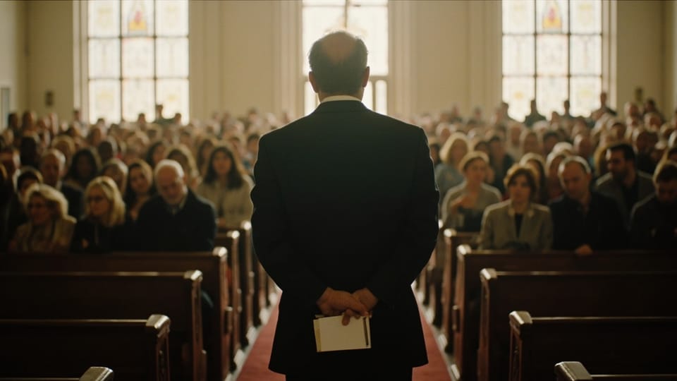 A man standing at the back of a full church aisle holding a small notebook behind his back