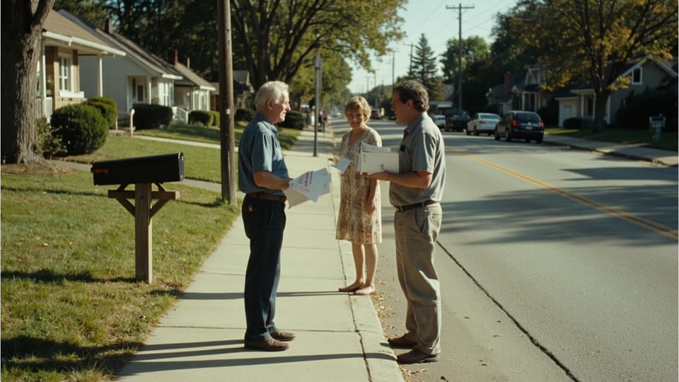 Three adults talking on a residential sidewalk in low sunlight, two of them holding stacks of printed sheets, a mailbox on a wooden post beside them