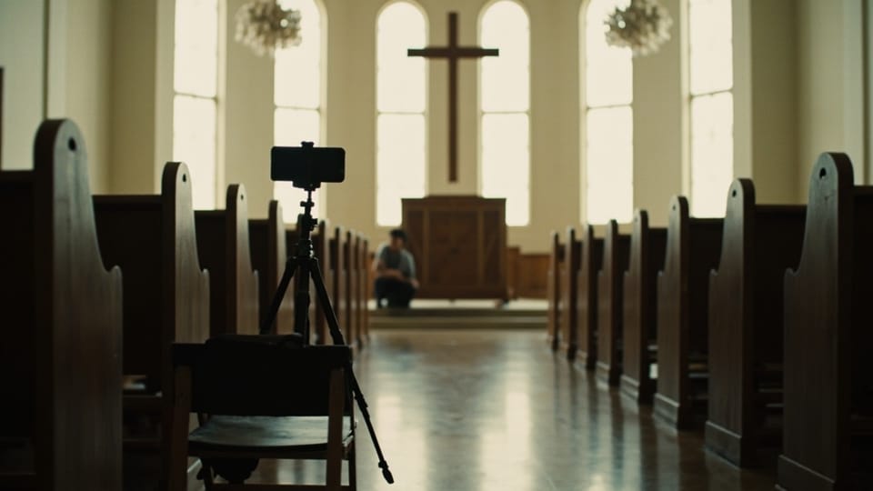 A phone on a tripod standing in the center aisle of an empty church aimed at the platform