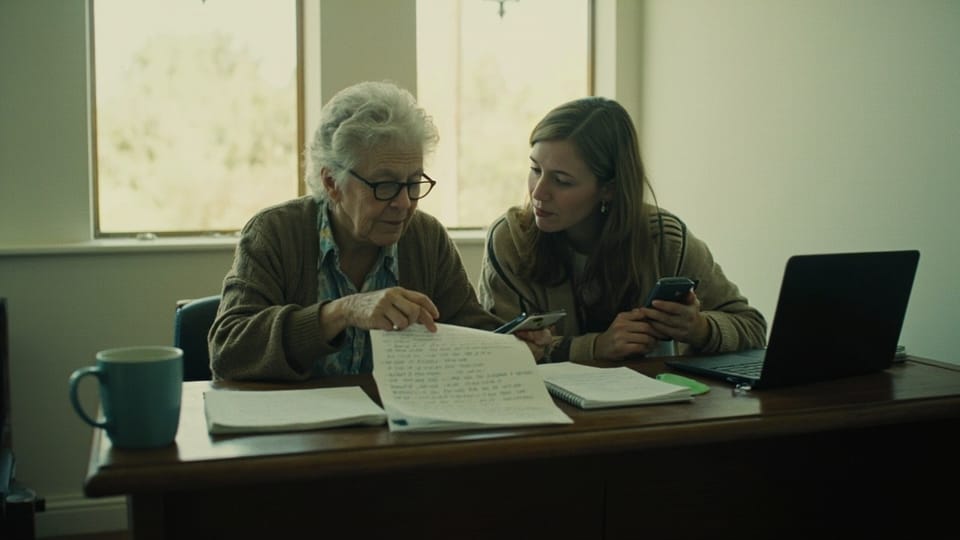 An older woman in glasses pointing at a page of handwritten notes on a wooden desk while a younger woman beside her holds a phone