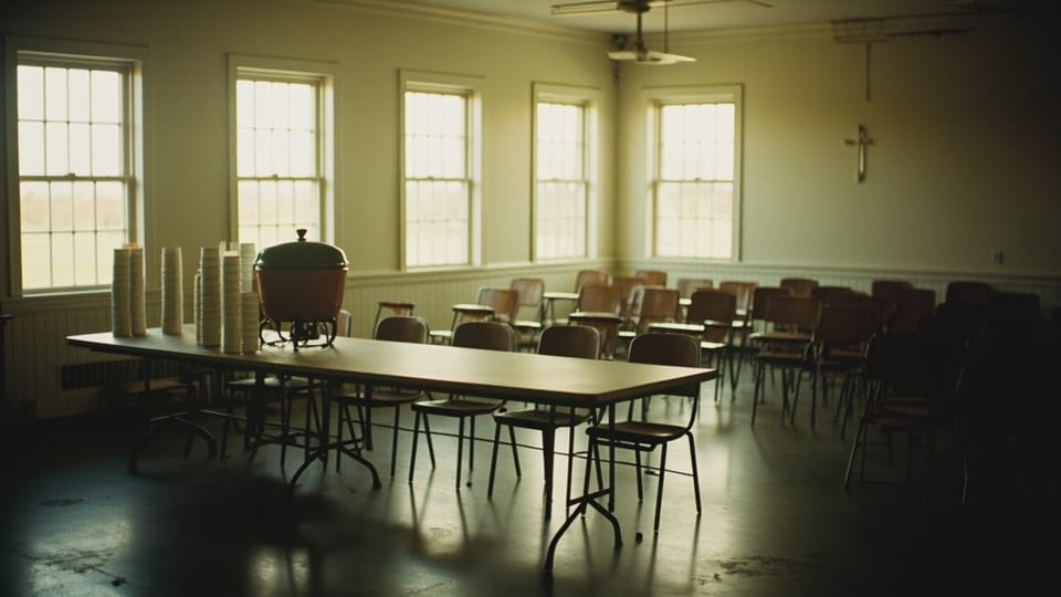 A coffee urn and stacked cups on one long table in an otherwise empty church fellowship hall