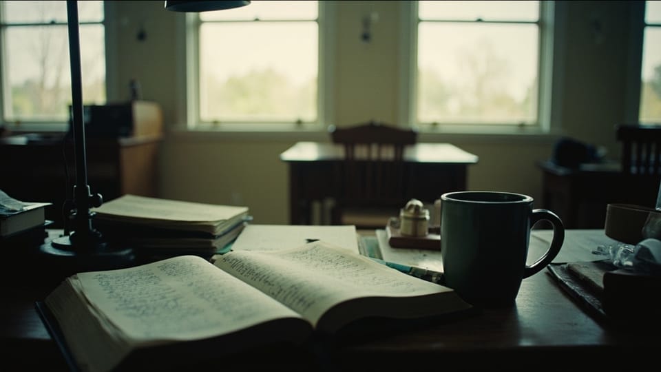 An open notebook of handwritten notes on a desk beside a mug and a lamp