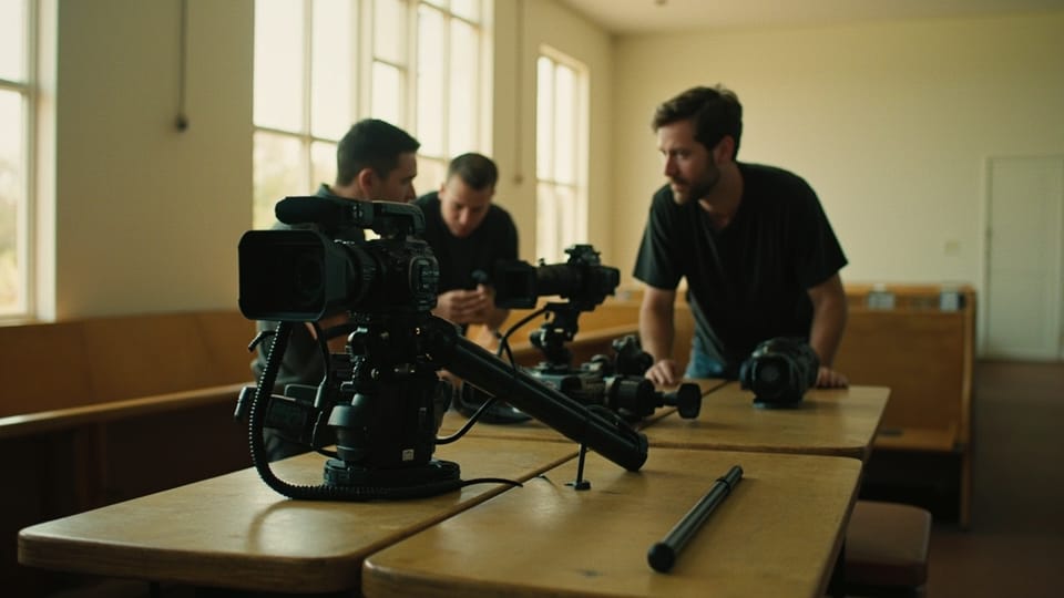 A camcorder on a tripod plate at the front edge of a folding table, a second smaller camera and a lens barrel laid out behind it, three men leaning over the tables in a room with tall bright windows