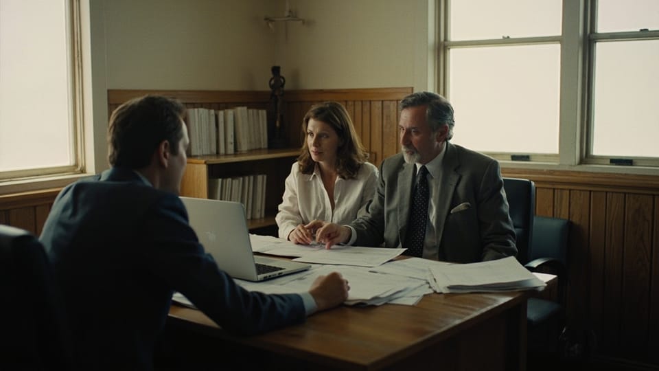 Three people around a table of printed pages and a laptop in a wood paneled church office