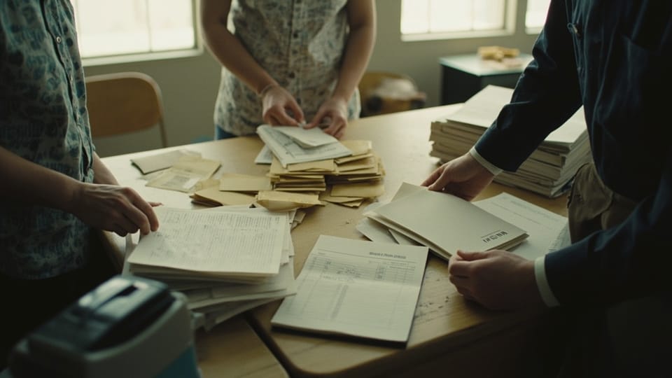 Three people sorting envelopes and paperwork into piles on a table beside an adding machine