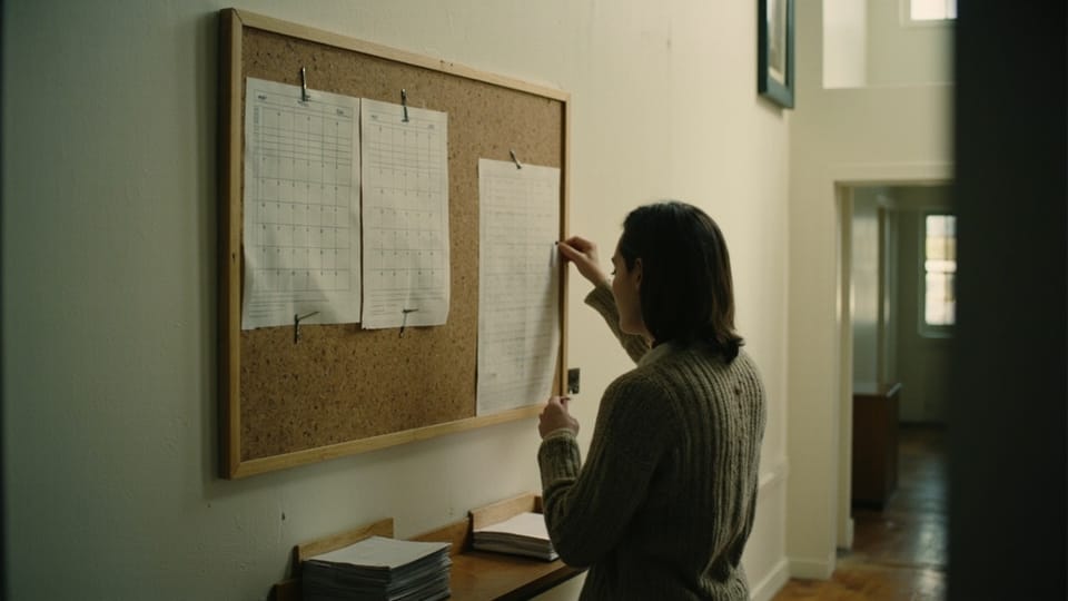 A woman pinning a third printed sheet to a cork noticeboard beside two month grids, with a stack of the same sheets on the ledge below