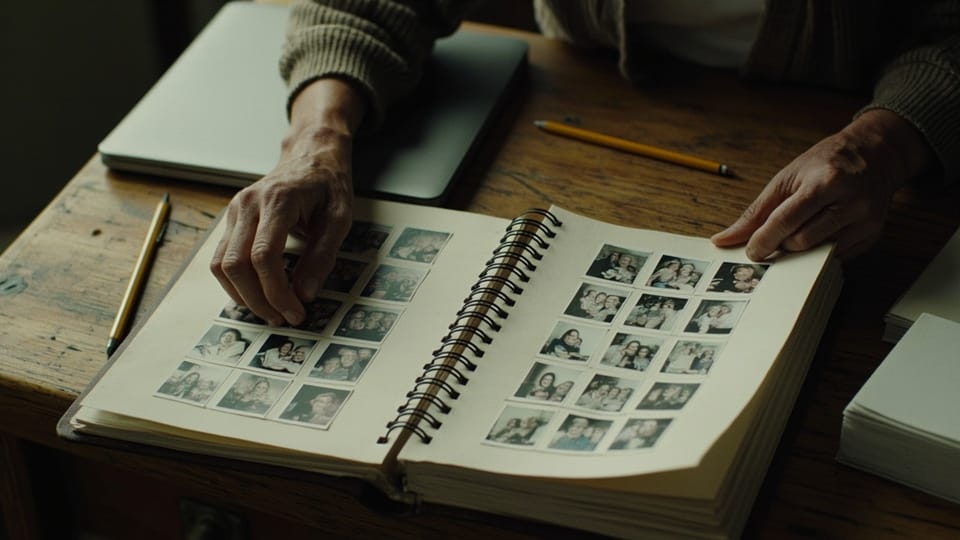 Older hands turning a page of a spiral bound photo album on a wooden desk, both open pages filled with grids of small family snapshots, a closed laptop and a pencil behind it