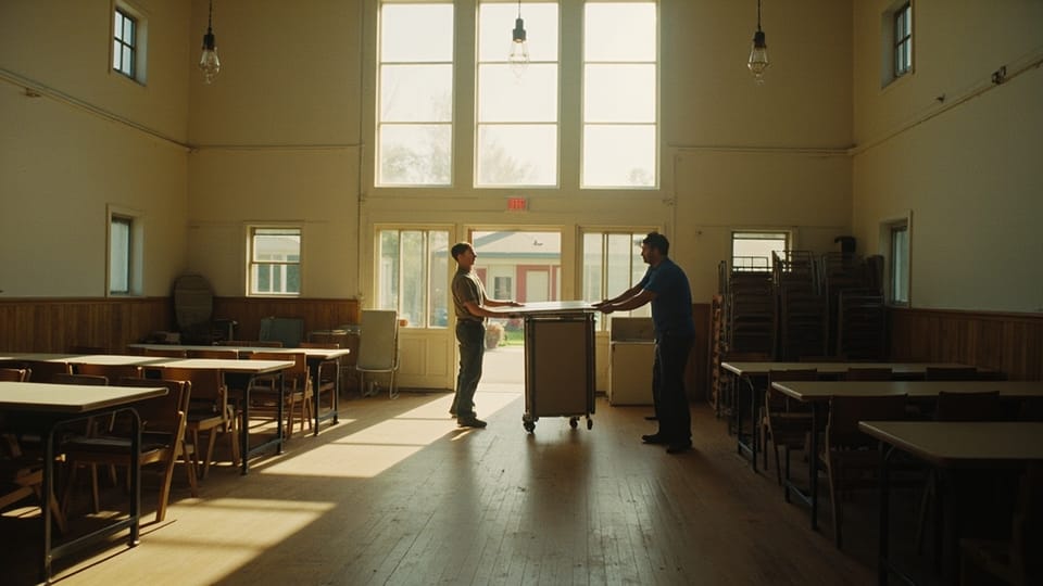 Two men carrying a folding table across a church fellowship hall lined with tables and stacked chairs