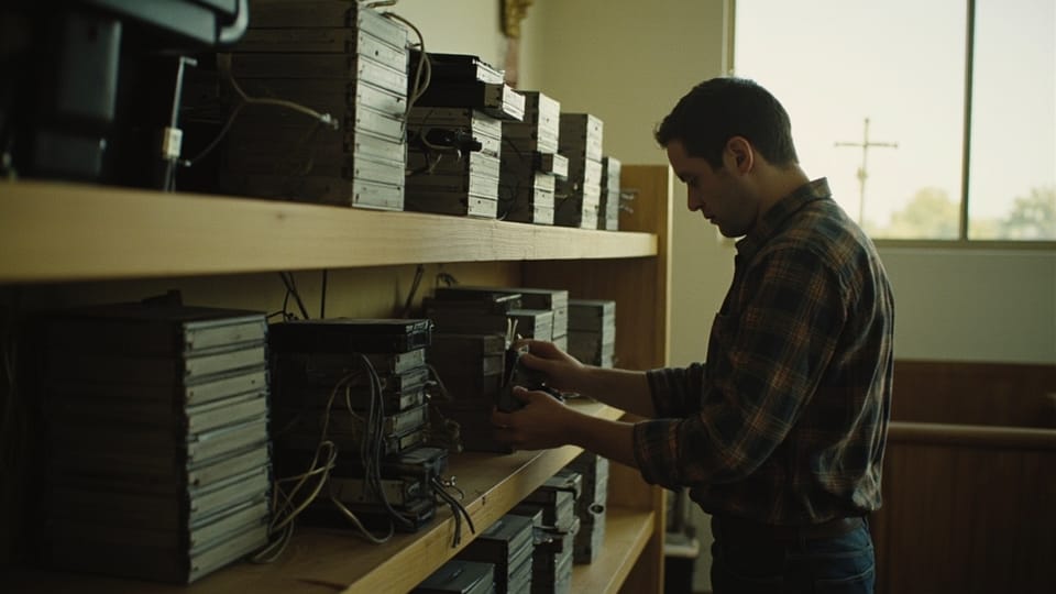 A man in a plaid shirt lifting one bare hard drive off a plywood shelf stacked with dozens of others and loose cables