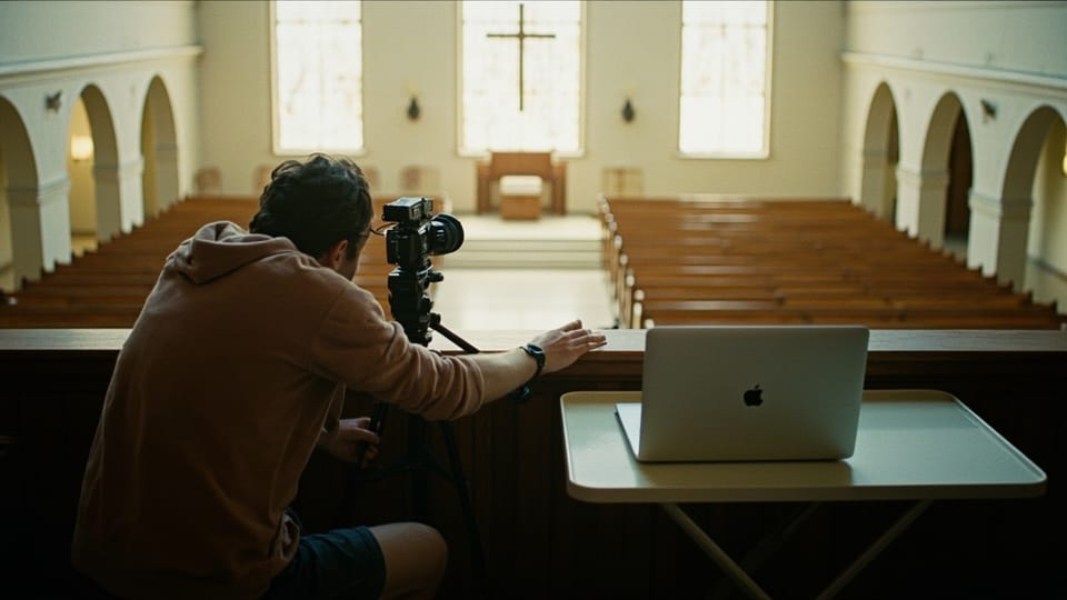A volunteer crouched behind a camera on a tripod at a church balcony rail, a laptop open beside him