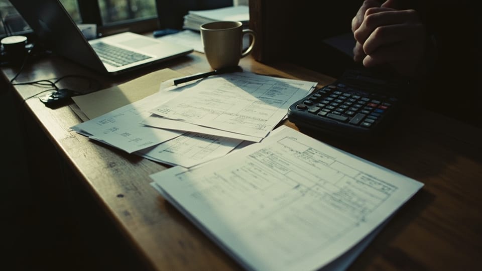 Gridded paper forms spread across a dark wooden desk beside a large desk calculator, a person's clasped hands resting at the edge of the frame, an open laptop and a mug behind them, lit from one window