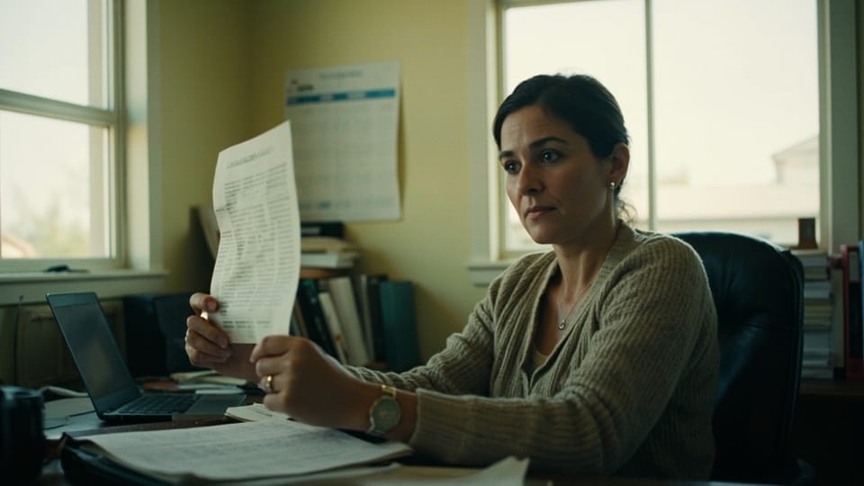 A woman in a cardigan at a church office desk holding a single printed sheet up to read it, an open laptop and loose papers in front of her and a paper calendar pinned to the wall behind