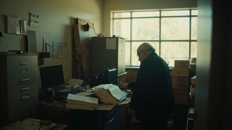 An older volunteer standing over stacked paperwork in a crowded church office with a filing cabinet
