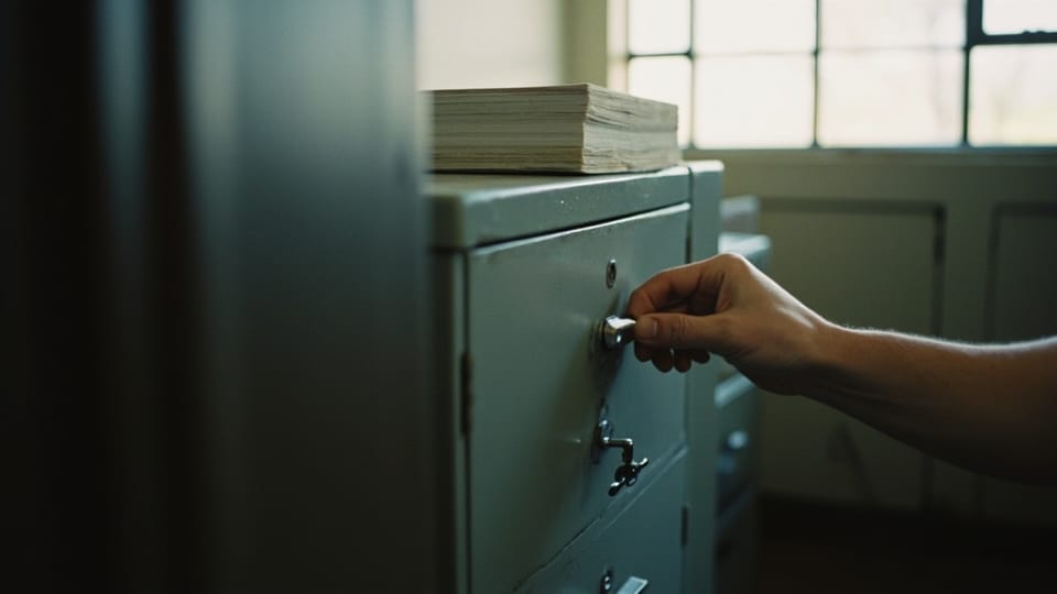 A hand turning a key in the lock of a metal filing cabinet with a stack of papers on top
