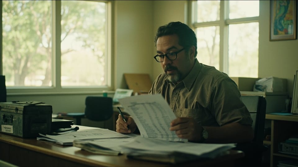 A man in glasses holding up a printed statement and a pen at a desk covered with loose paperwork, a grey metal cash box on the desk beside him