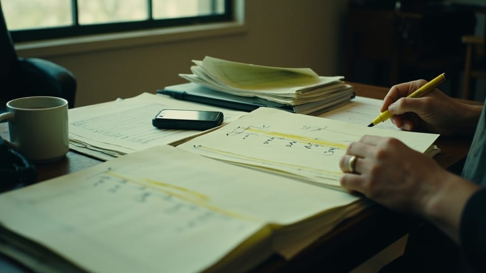 A hand drawing a yellow highlighter line across one of several printed pages spread over a wooden desk, beside a coffee mug, a phone lying screen up, and a thick stack of already marked pages