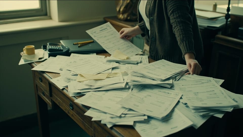 A woman in a cardigan standing over a wooden desk buried in loose printed invoices, one page lifted in her hand, a small calculator and a closed laptop pushed to the side
