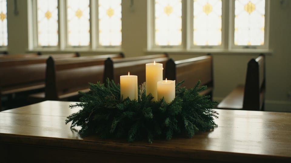 Three lit candles in an evergreen wreath on a wooden table in front of empty pews