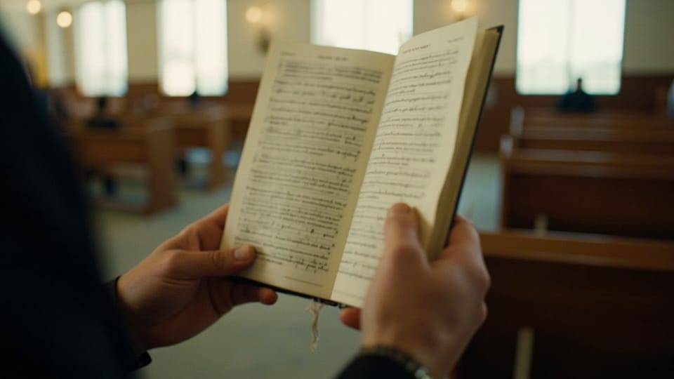 Two hands holding an open book with a ribbon marker in a church