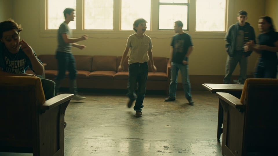 Teenagers mid-game in a youth room with a sofa along the back wall