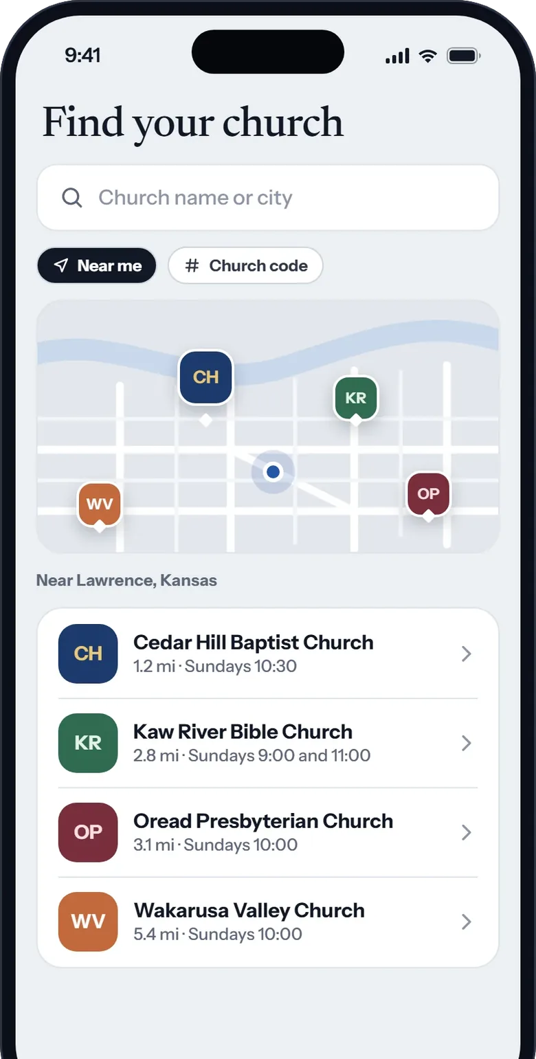Find your church: the gray first screen with a search box, Near me and Church code buttons, a map, and four churches nearby